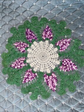 Handmade Crochet Floral Doily with Purple Lilac (or Grapes?) Motif-16” across
